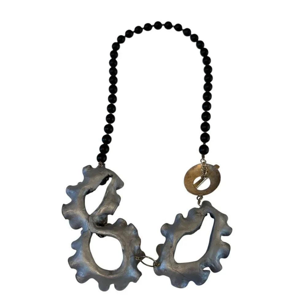 One Of A Kind Black & White Polymer Clay & SS Statement Necklace.